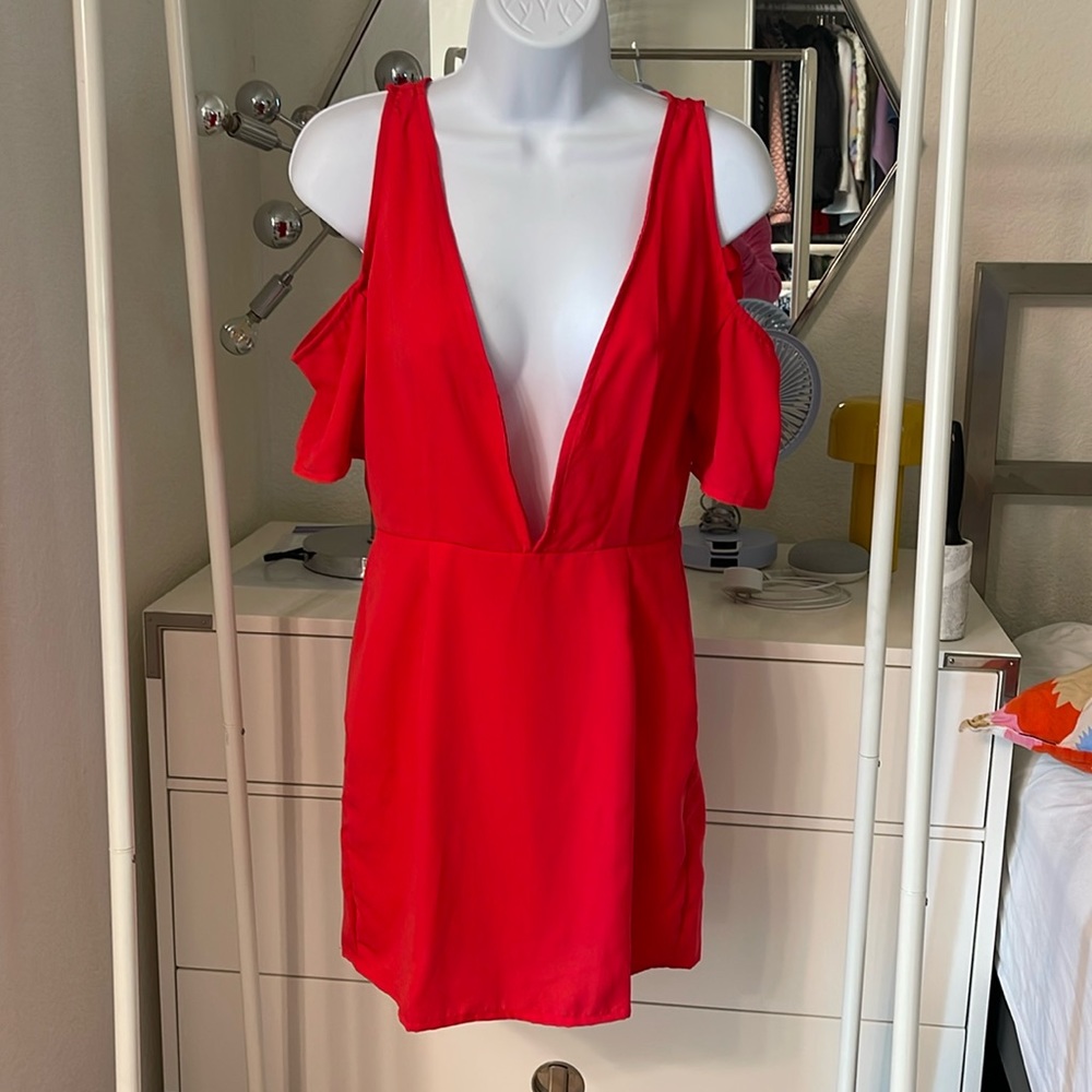Motel red sexy deep vneck plunge mini dress XS